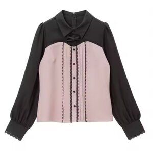 Dear My Love Lace Up Pink and Black Contrast Button-Up Blouse